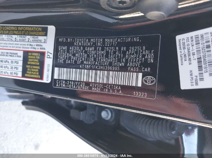 2017 TOYOTA CAMRY SE - 4T1BF1FK3HU396995