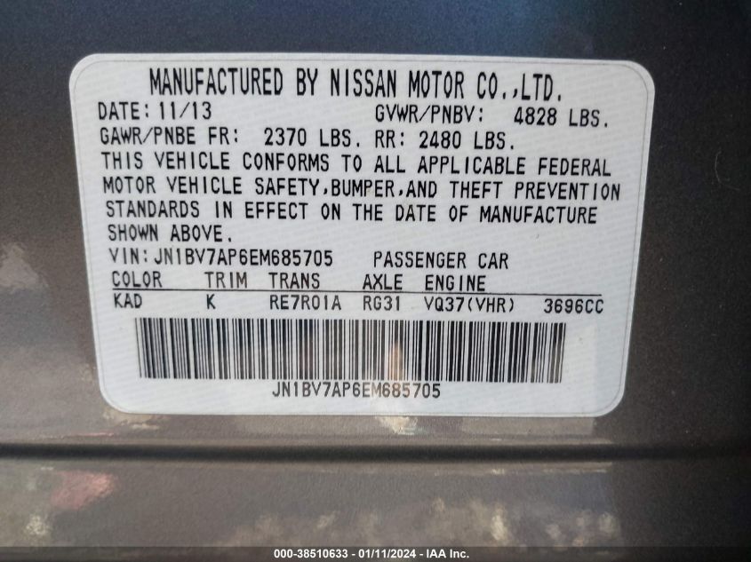2014 INFINITI Q50 PREMIUM - JN1BV7AP6EM685705