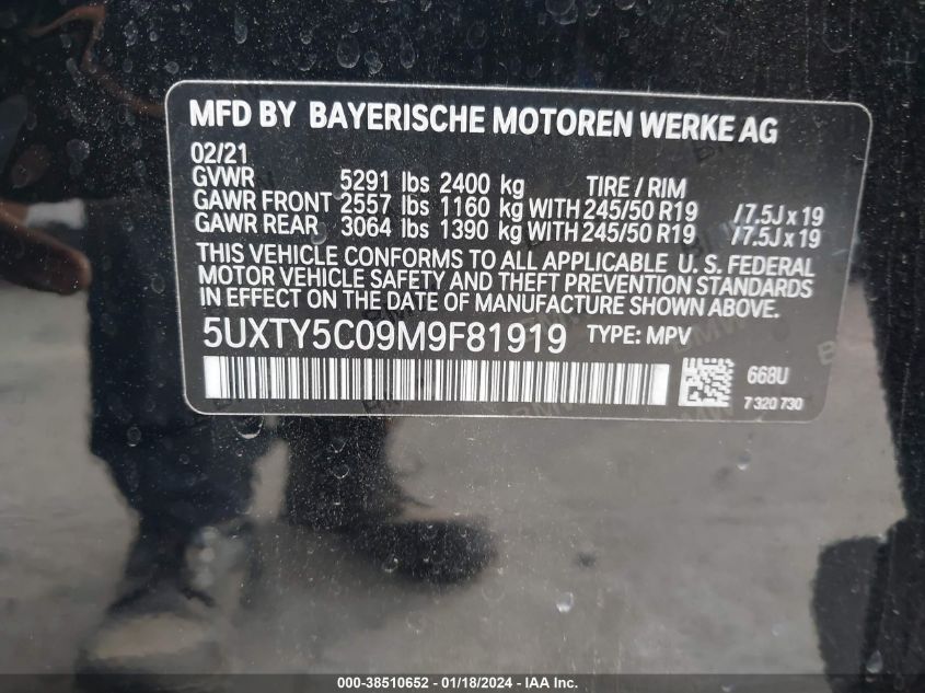 2021 BMW X3 XDRIVE30I - 5UXTY5C09M9F81919