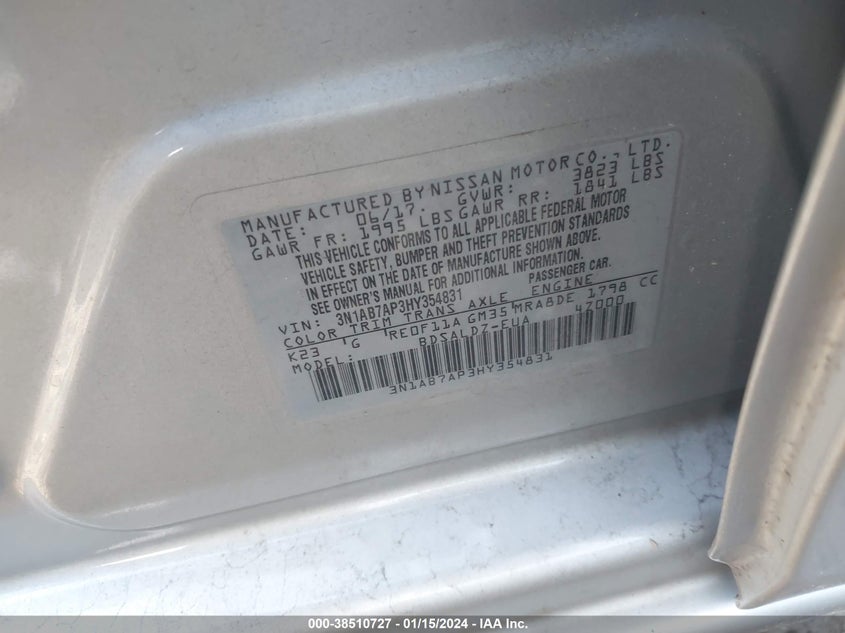 VIN 3N1AB7AP3HY354831 2017 NISSAN SENTRA SV