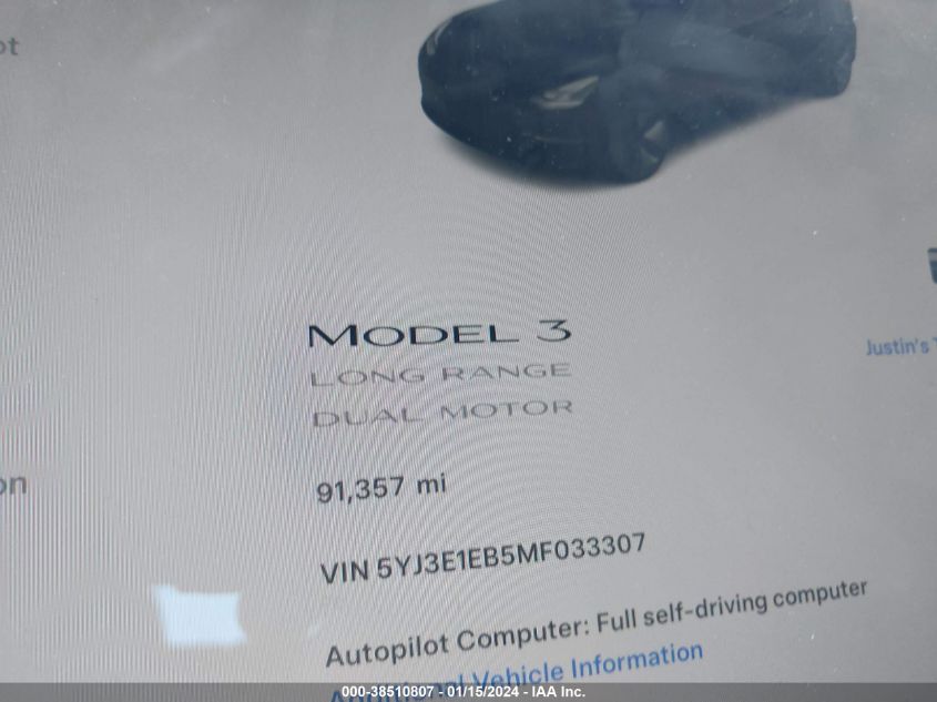 2021 TESLA MODEL 3 - 5YJ3E1EB5MF033307