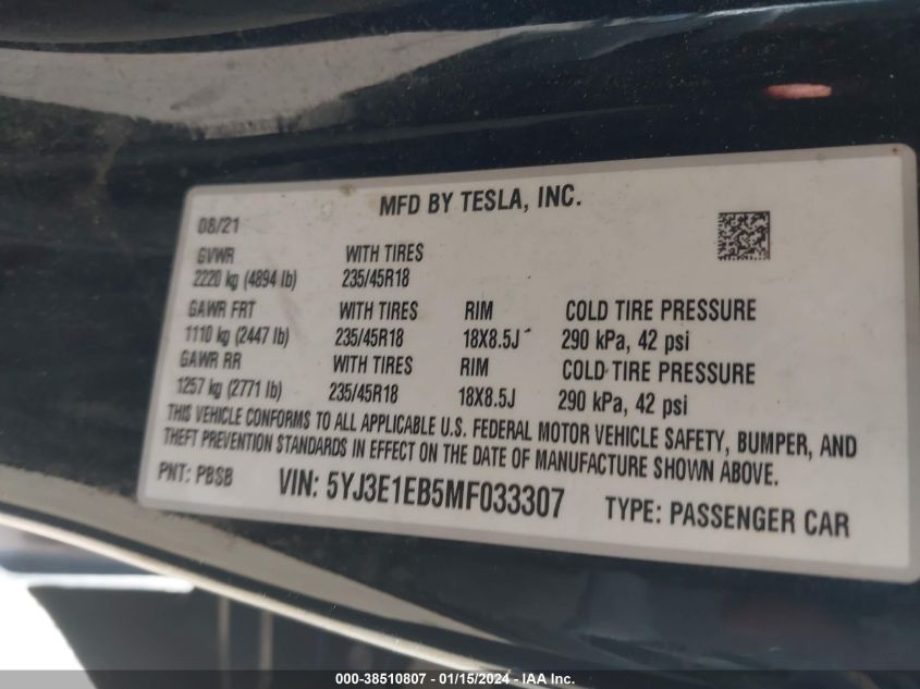 2021 TESLA MODEL 3 - 5YJ3E1EB5MF033307