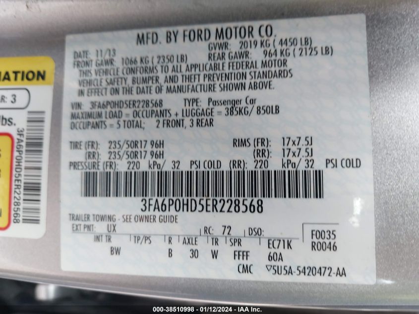 2014 FORD FUSION SE - 3FA6P0HD5ER228568