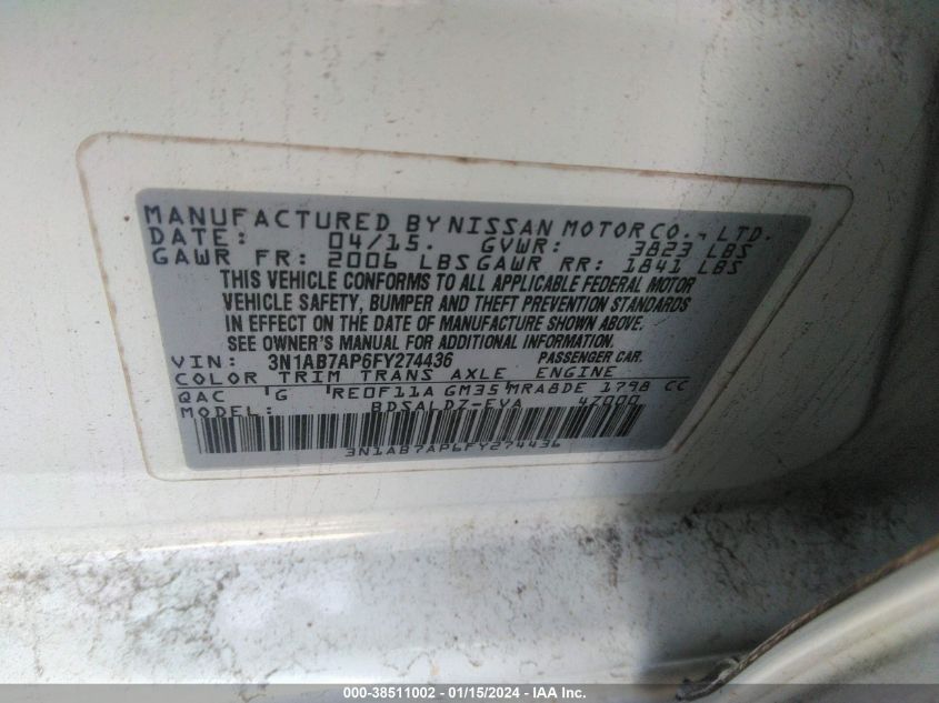 2015 NISSAN SENTRA S/SV/SR/SL - 3N1AB7AP6FY274436