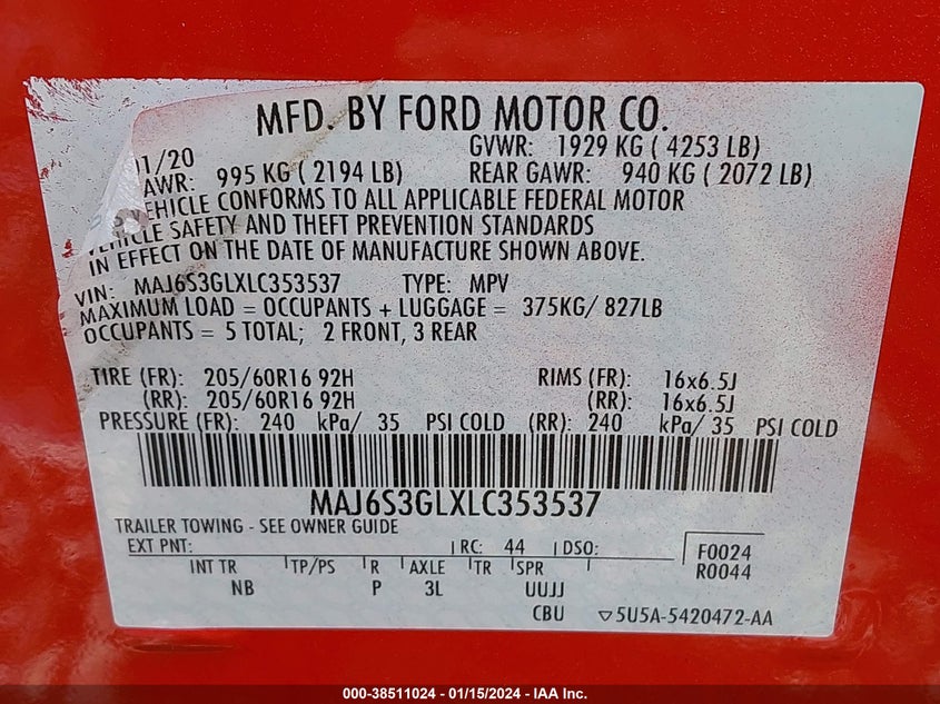 VIN MAJ6S3GLXLC353537 2020 FORD ECOSPORT SE