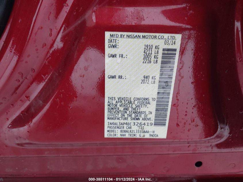 2014 NISSAN ALTIMA 2.5 S - 1N4AL3AP4EC326419