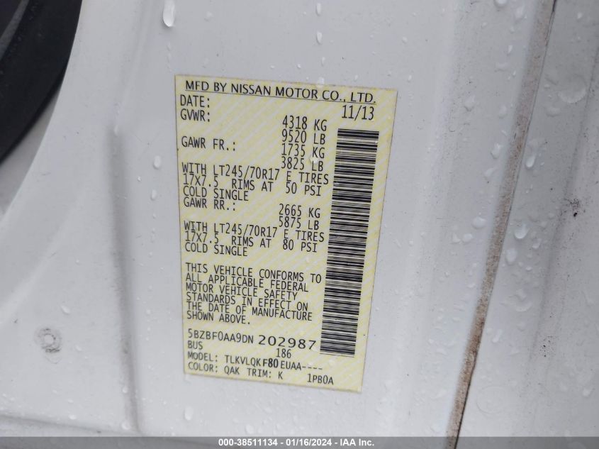 2013 NISSAN NV PASSENGER NV3500 HD S V6 - 5BZBF0AA9DN202987