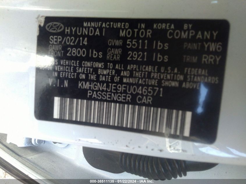 2015 HYUNDAI GENESIS 3.8L - KMHGN4JE9FU046571