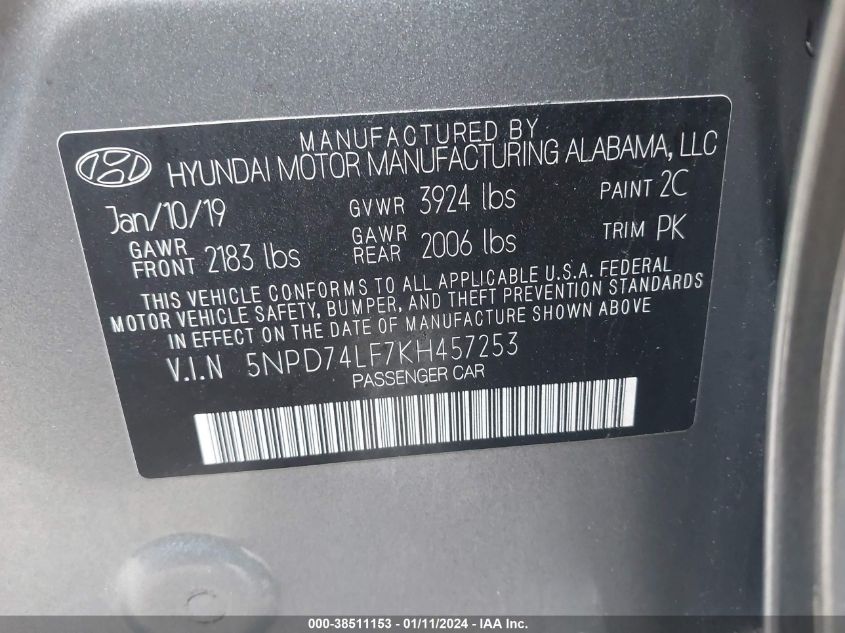2019 HYUNDAI ELANTRA SE - 5NPD74LF7KH457253