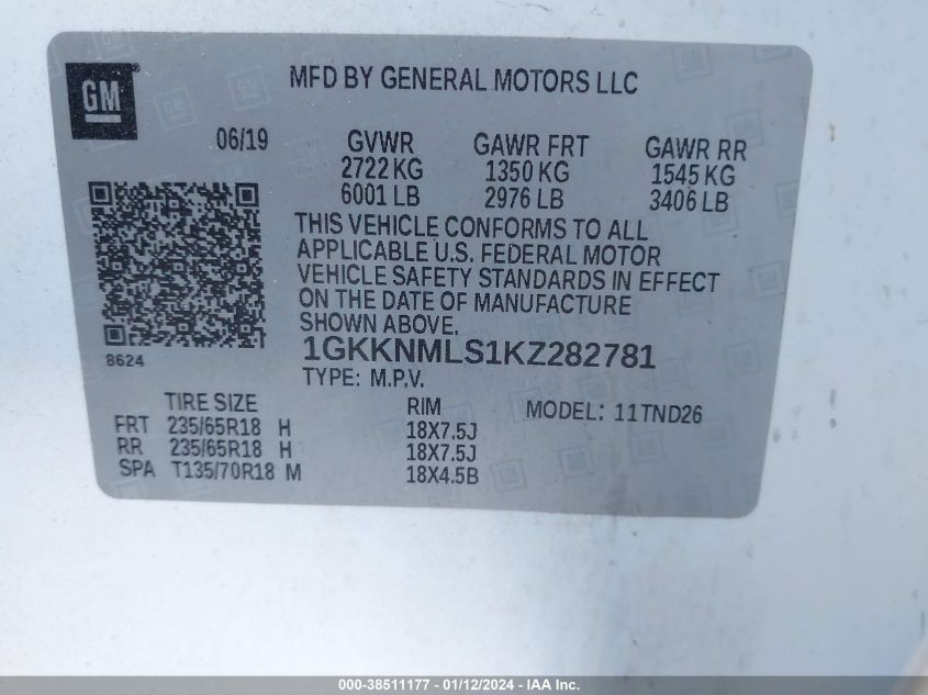 2019 GMC ACADIA SLT-1 - 1GKKNMLS1KZ282781