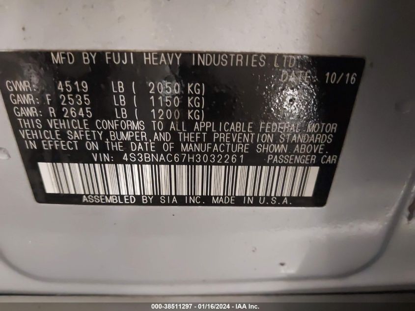 2017 SUBARU LEGACY 2.5I PREMIUM - 4S3BNAC67H3032261
