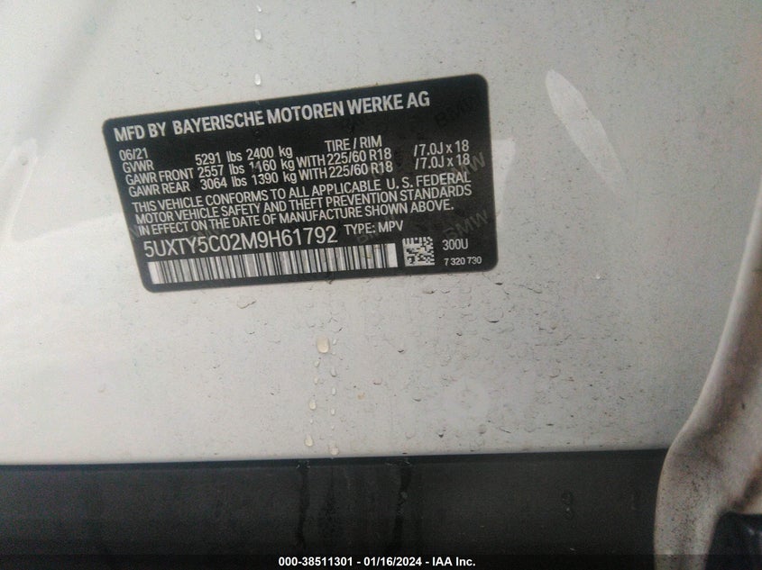 VIN 5UXTY5C02M9H61792 2021 BMW X3 XDRIVE30I