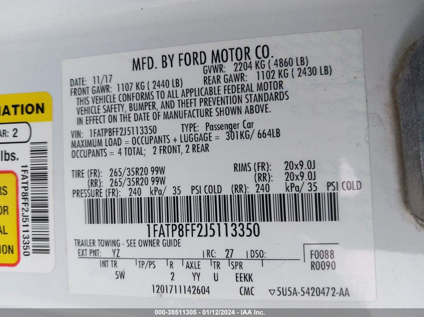 VIN 1FATP8FF2J5113350 2018 FORD MUSTANG GT