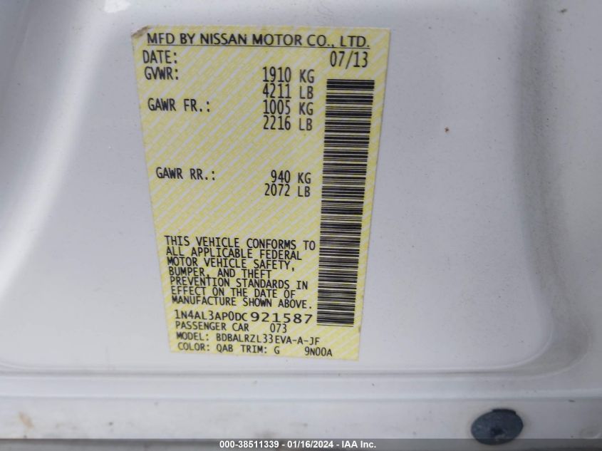 2013 NISSAN ALTIMA 2.5/S/SV/SL - 1N4AL3AP0DC921587