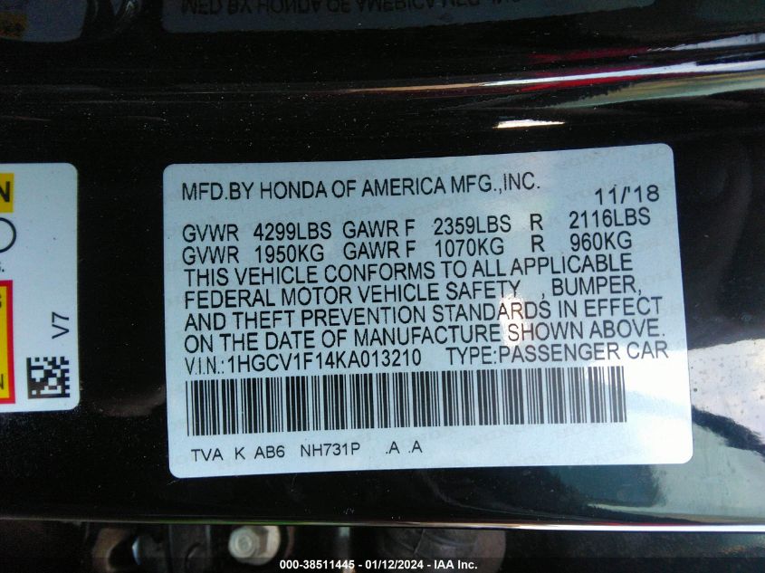 2019 HONDA ACCORD LX - 1HGCV1F14KA013210