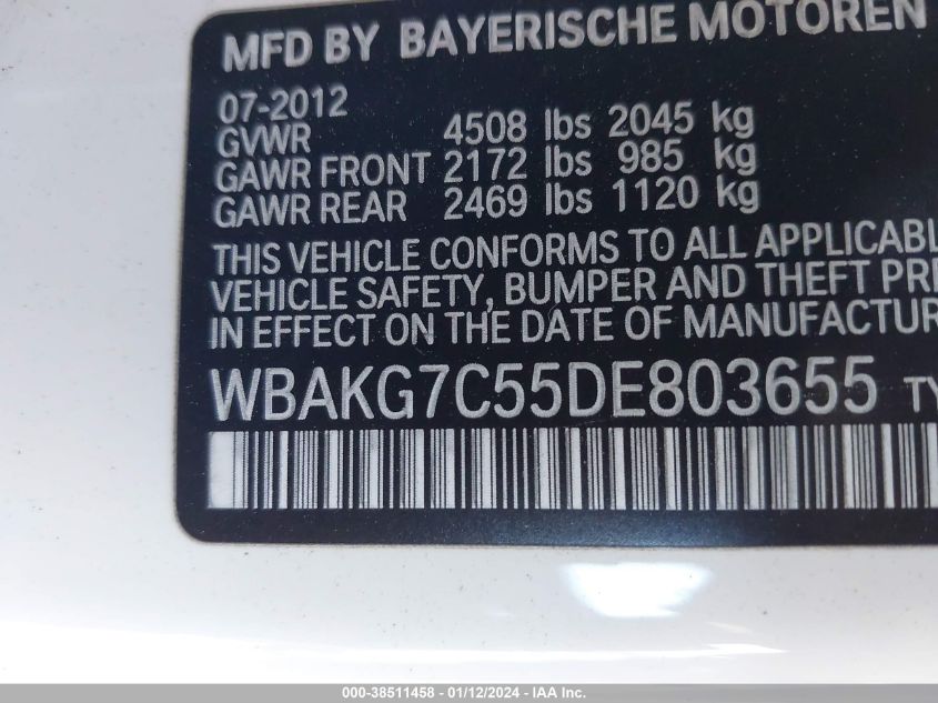2013 BMW 335I WBAKG7C55DE803655