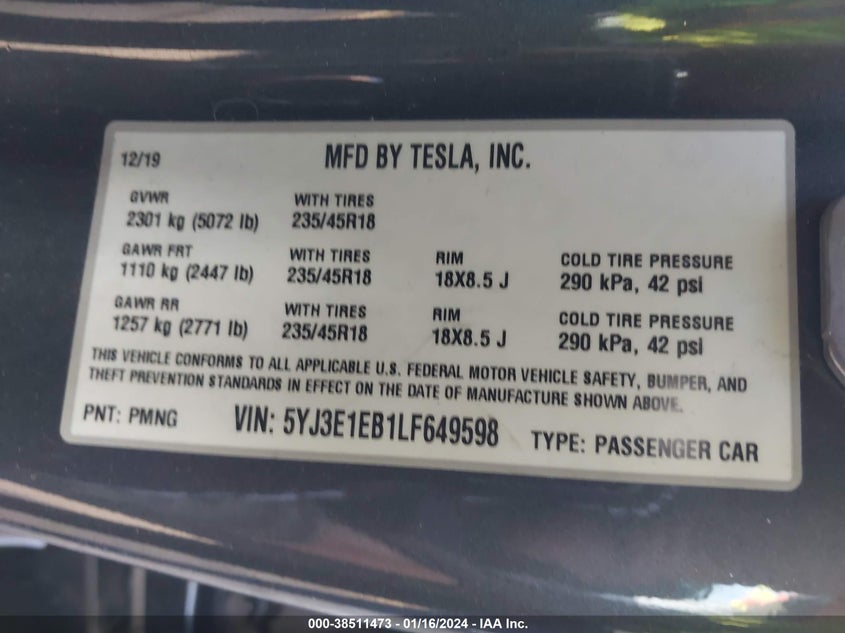 VIN 5YJ3E1EB1LF649598 2020 TESLA MODEL 3 LONG RANGE DUAL MOTOR ALL-WHEEL DRIVE