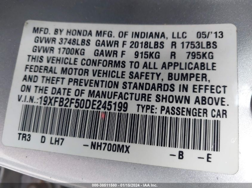 2013 HONDA CIVIC LX - 19XFB2F50DE245199