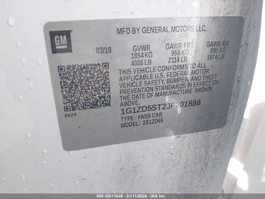 VIN 1G1ZD5ST2JF201888 2018 CHEVROLET MALIBU LT