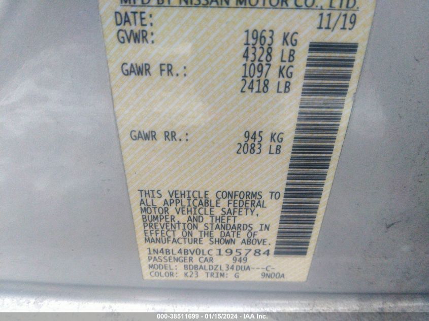 2020 NISSAN ALTIMA S FWD - 1N4BL4BV0LC195784