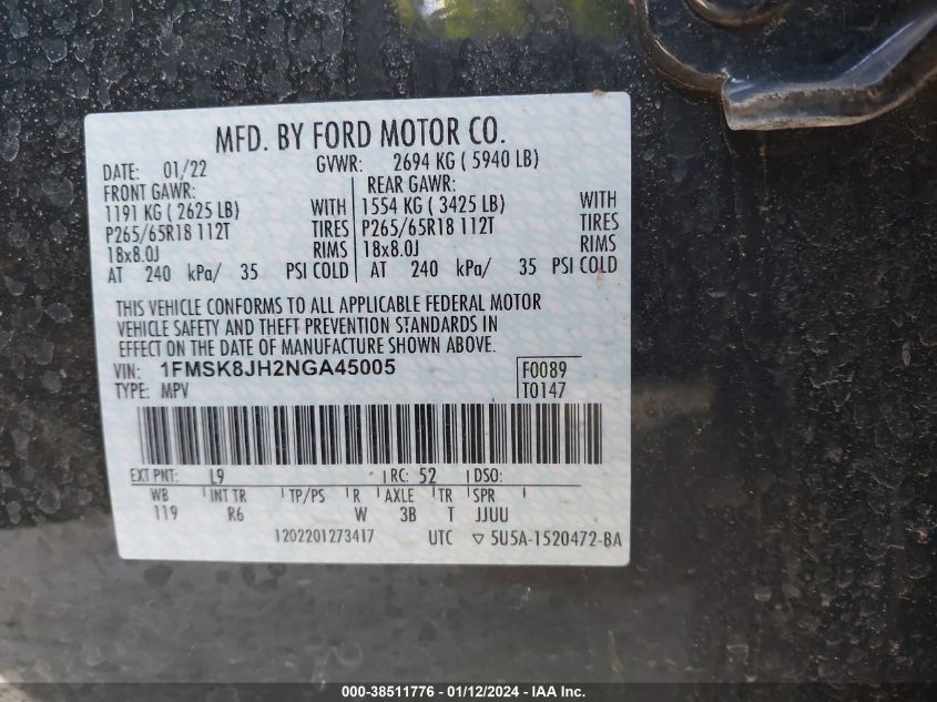 2022 FORD EXPLORER TIMBERLINE - 1FMSK8JH2NGA45005