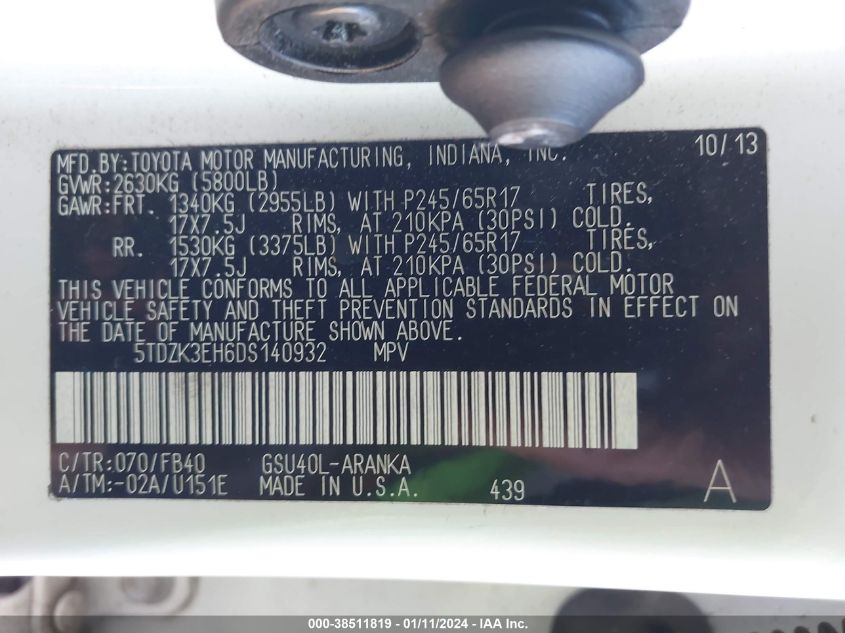 2013 TOYOTA HIGHLANDER BASE V6 - 5TDZK3EH6DS140932