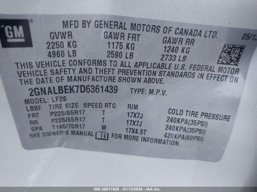 2013 CHEVROLET EQUINOX LS - 2GNALBEK7D6361439