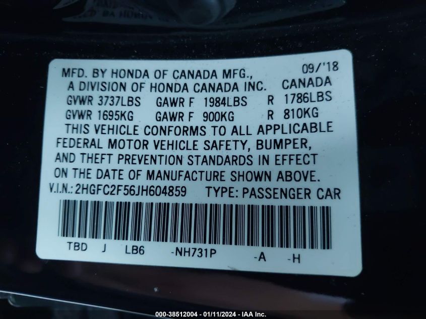 2018 HONDA CIVIC LX - 2HGFC2F56JH604859