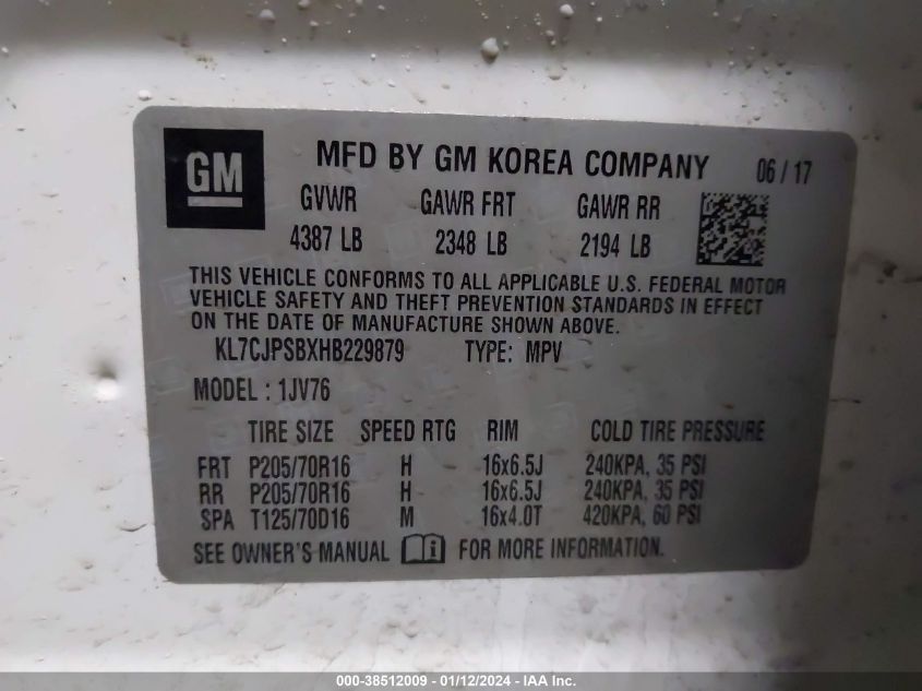 2017 CHEVROLET TRAX 1LT - KL7CJPSBXHB229879
