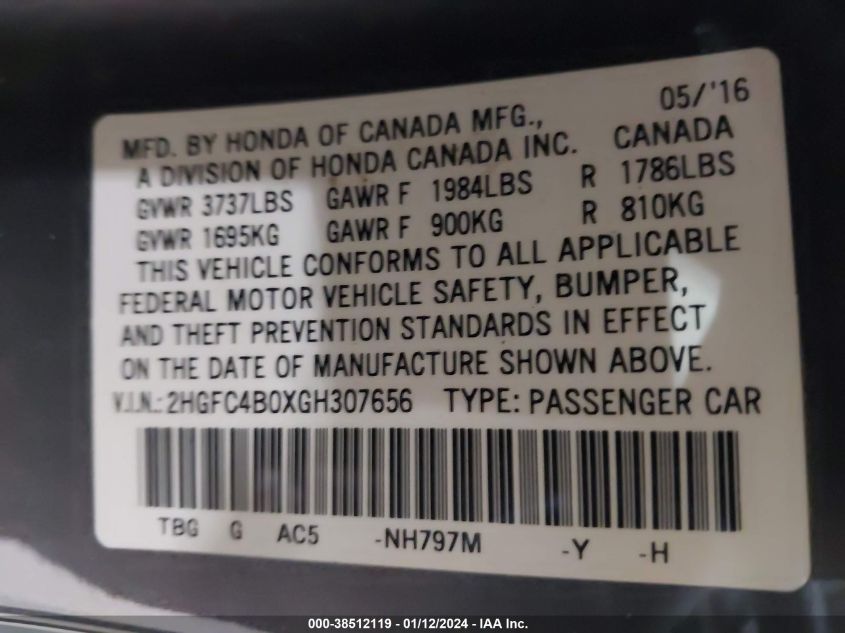 2016 HONDA CIVIC LX - 2HGFC4B0XGH307656
