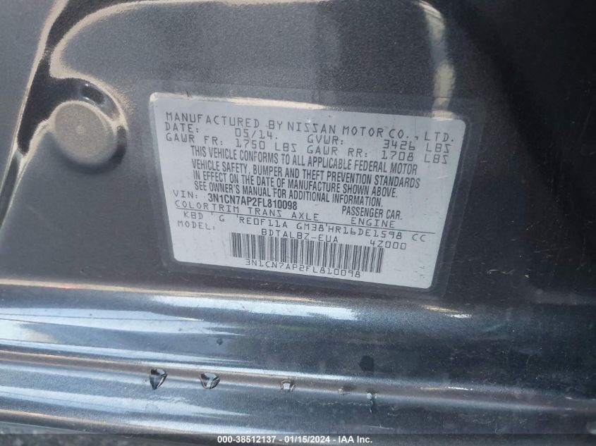 2015 NISSAN VERSA S/S PLUS/SV/SL - 3N1CN7AP2FL810098
