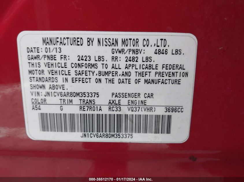 2013 INFINITI G37X JN1CV6AR8DM353375