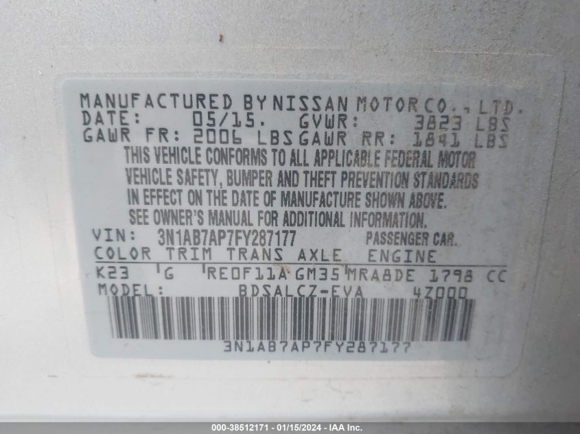 2015 NISSAN SENTRA S - 3N1AB7AP7FY287177