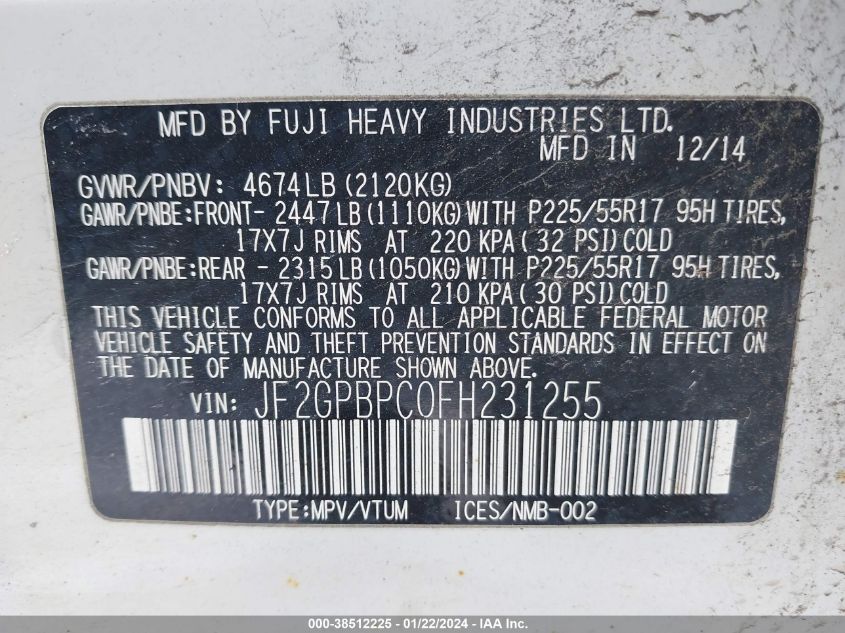 2015 SUBARU XV CROSSTREK HYBRID TOURING JF2GPBPC0FH231255