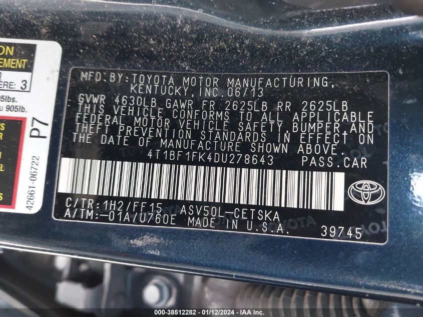 2013 TOYOTA CAMRY SE - 4T1BF1FK4DU278643