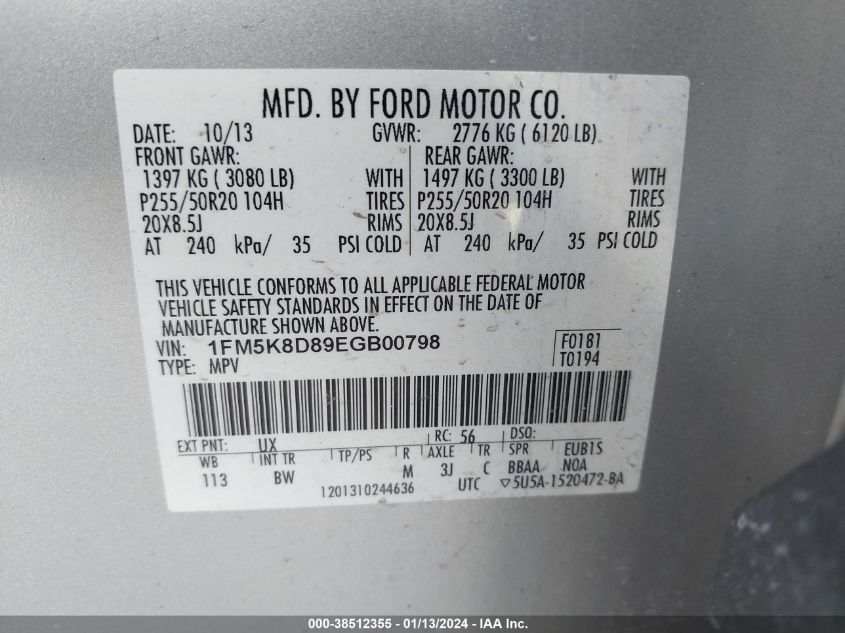 2014 FORD EXPLORER XLT - 1FM5K8D89EGB00798
