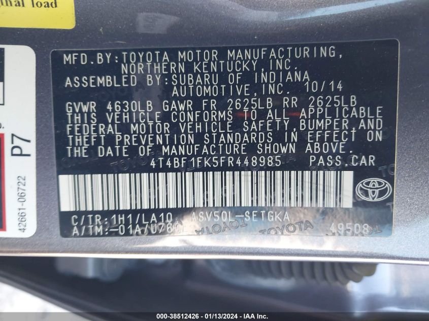 2015 TOYOTA CAMRY XLE - 4T4BF1FK5FR448985