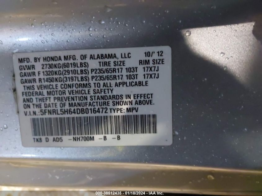 2013 HONDA ODYSSEY EX-L - 5FNRL5H64DB016472