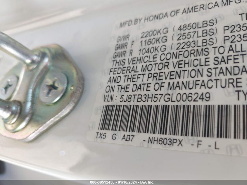2016 ACURA RDX TECH PKG/TECH/ACURAWATCH PLUS PKG - 5J8TB3H57GL006249