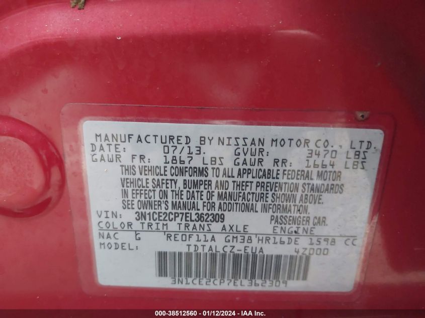 2014 NISSAN VERSA NOTE S/S PLUS/SV/SL - 3N1CE2CP7EL362309
