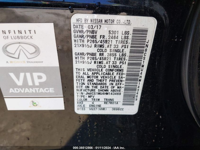 2017 INFINITI QX70 - JN8CS1MU4HM143469