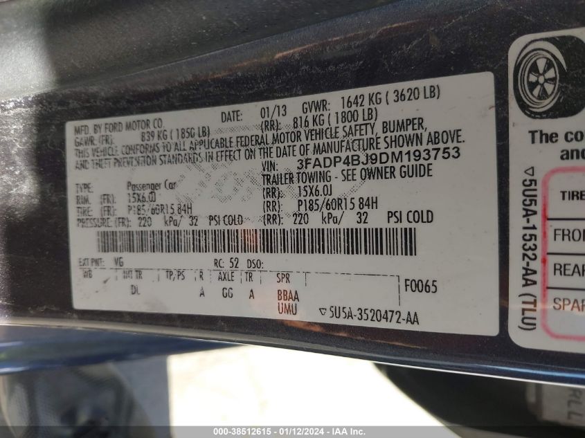 2013 FORD FIESTA SE - 3FADP4BJ9DM193753
