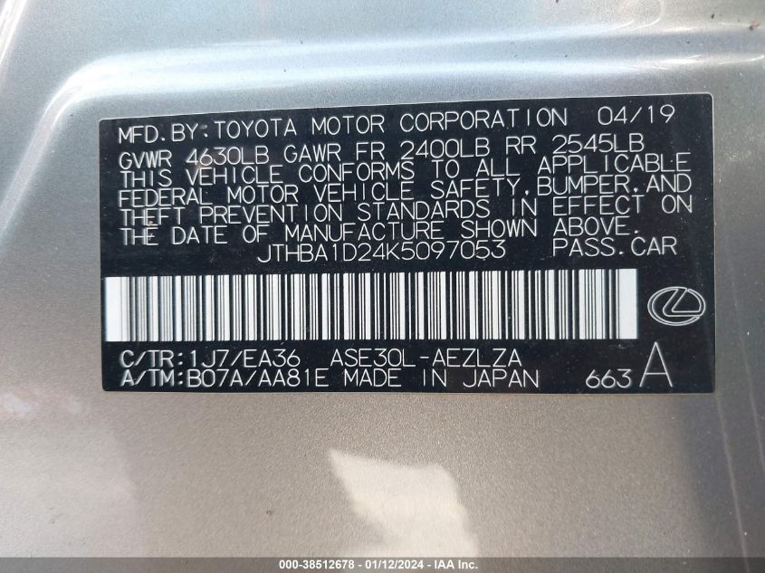 2019 LEXUS IS 300 - JTHBA1D24K5097053