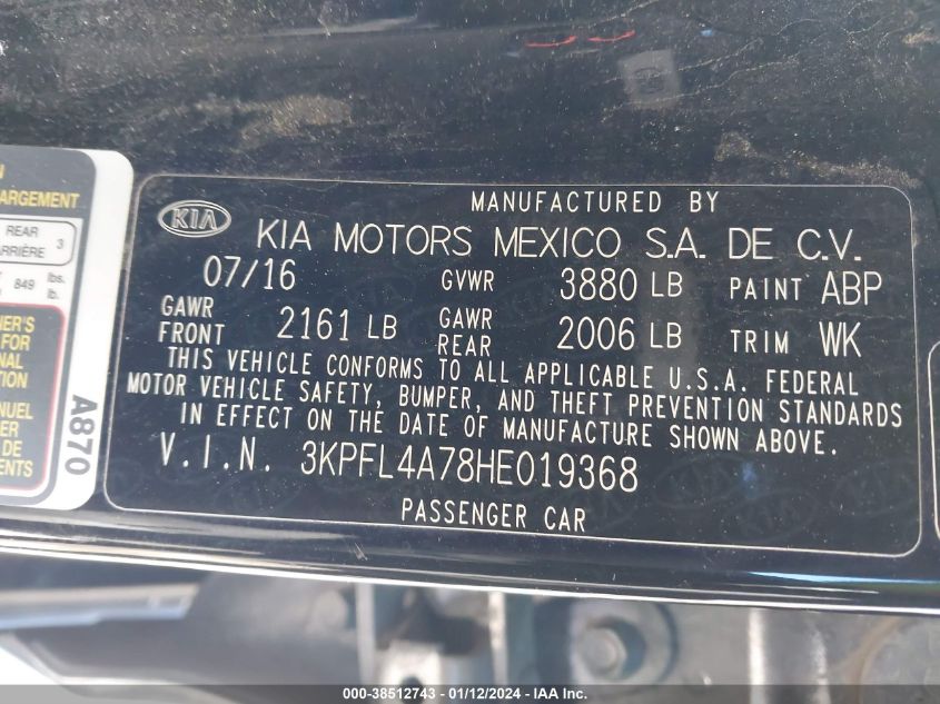 2017 KIA FORTE LX/S - 3KPFL4A78HE019368