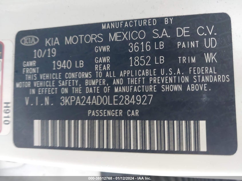VIN 3KPA24AD0LE284927 2020 KIA RIO LX/S