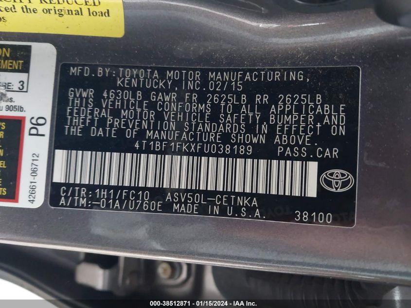 2015 TOYOTA CAMRY LE - 4T1BF1FKXFU038189