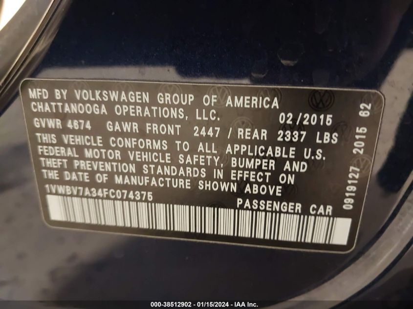 2015 VOLKSWAGEN PASSAT SE - 1VWBV7A34FC074375