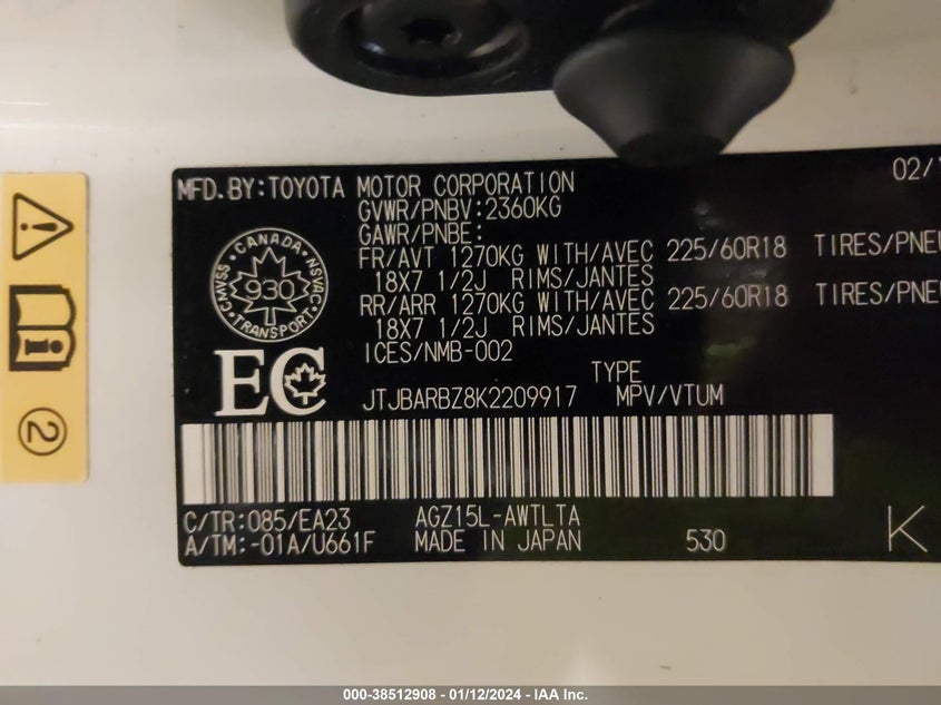 VIN JRJBARBZ8K2209917 2019 LEXUS NX 300