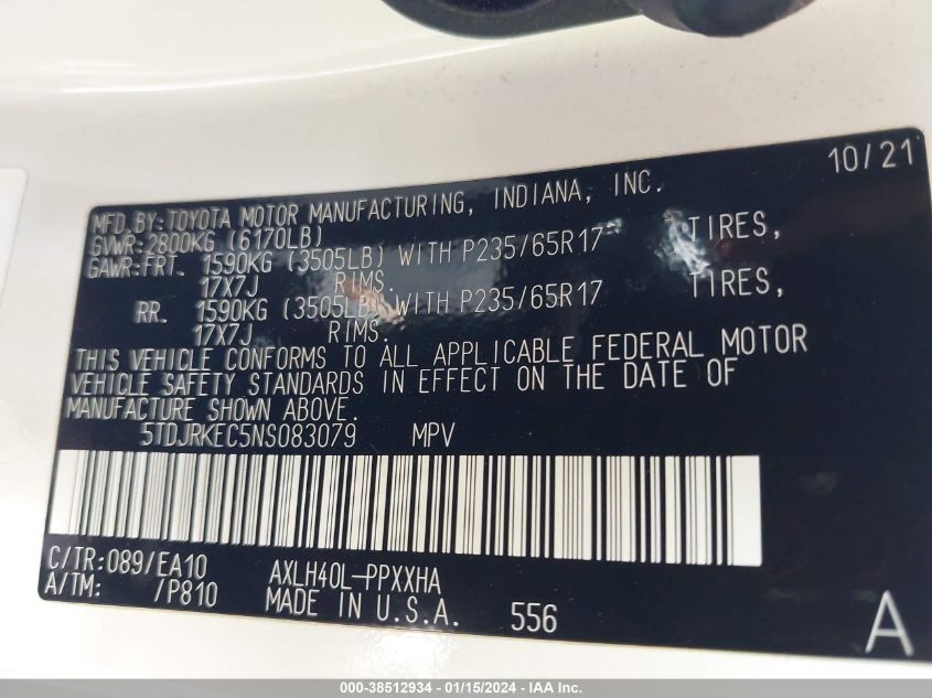 5TDJRKEC5NS083079 2022 TOYOTA SIENNA, photo no. 9