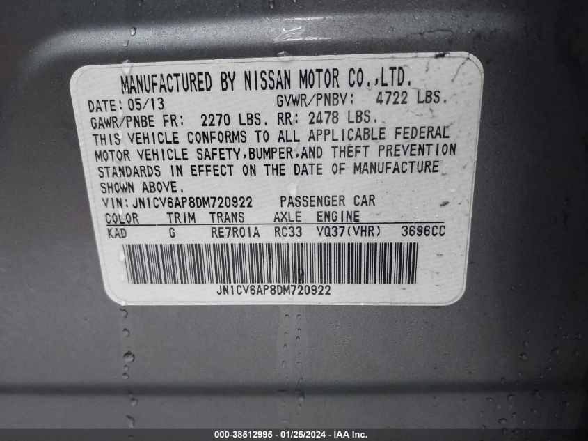 2013 INFINITI G37 JOURNEY/SPORT - JN1CV6AP8DM720922